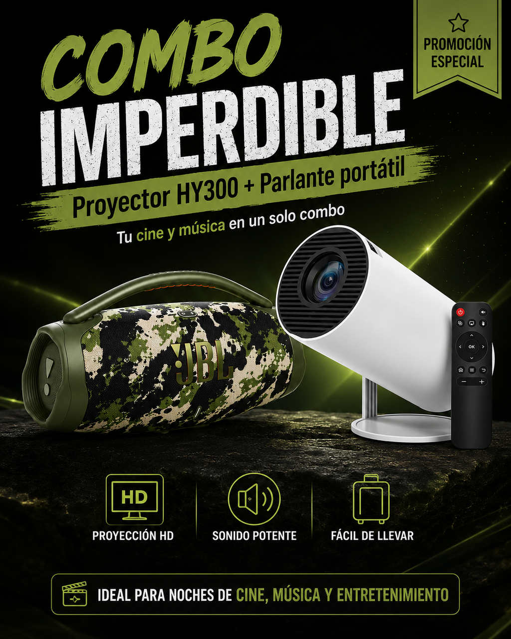 Combo Proyector HY300 + Parlante Boombox — Cine + Sonido