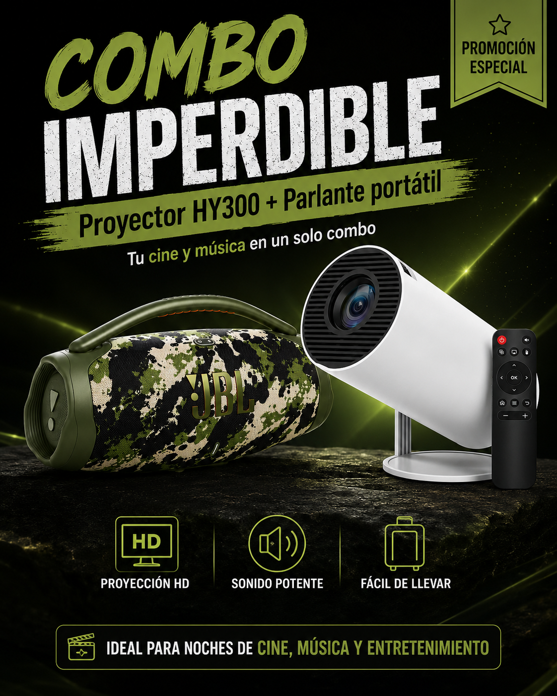Combo Proyector HY300 + Parlante Boombox — Cine + Sonido